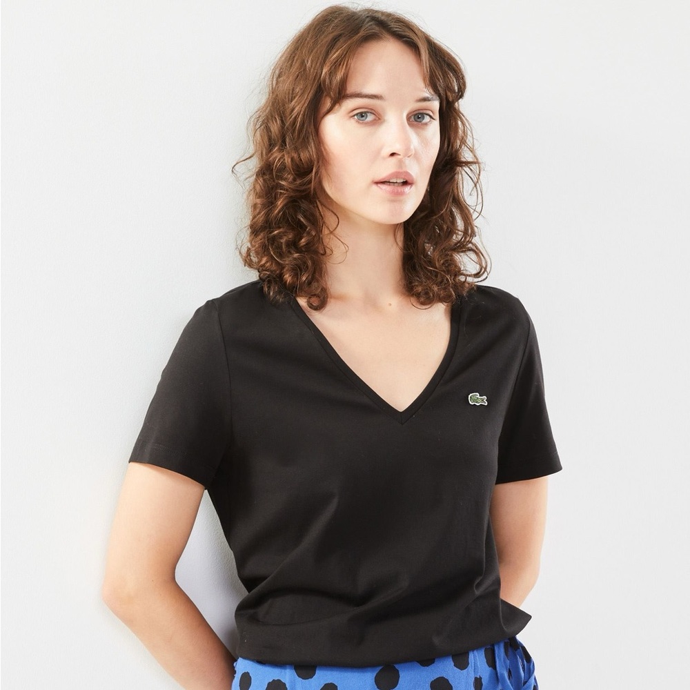 Lacoste Black Short Sleeve V Neck Shirt Minimalist Preppy Coastal Logo Y2K